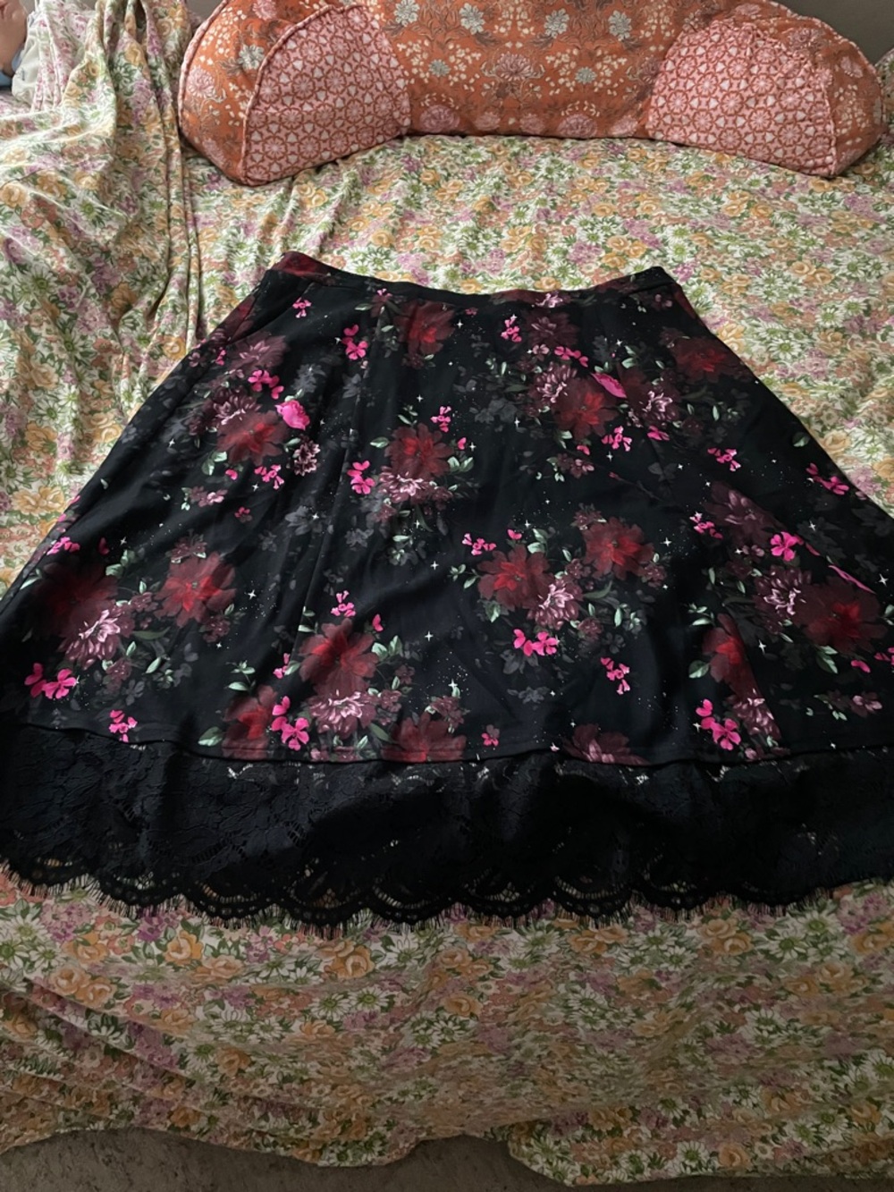 Torrid Black Floral A-Line Skirt with Lace Trim